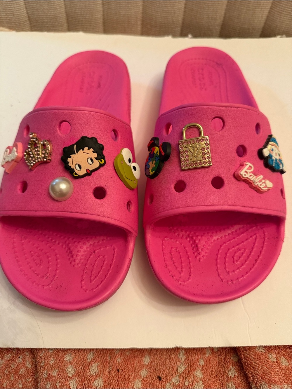 CROCS Bright Hot Pink Slide Sandals with Decorative Charms